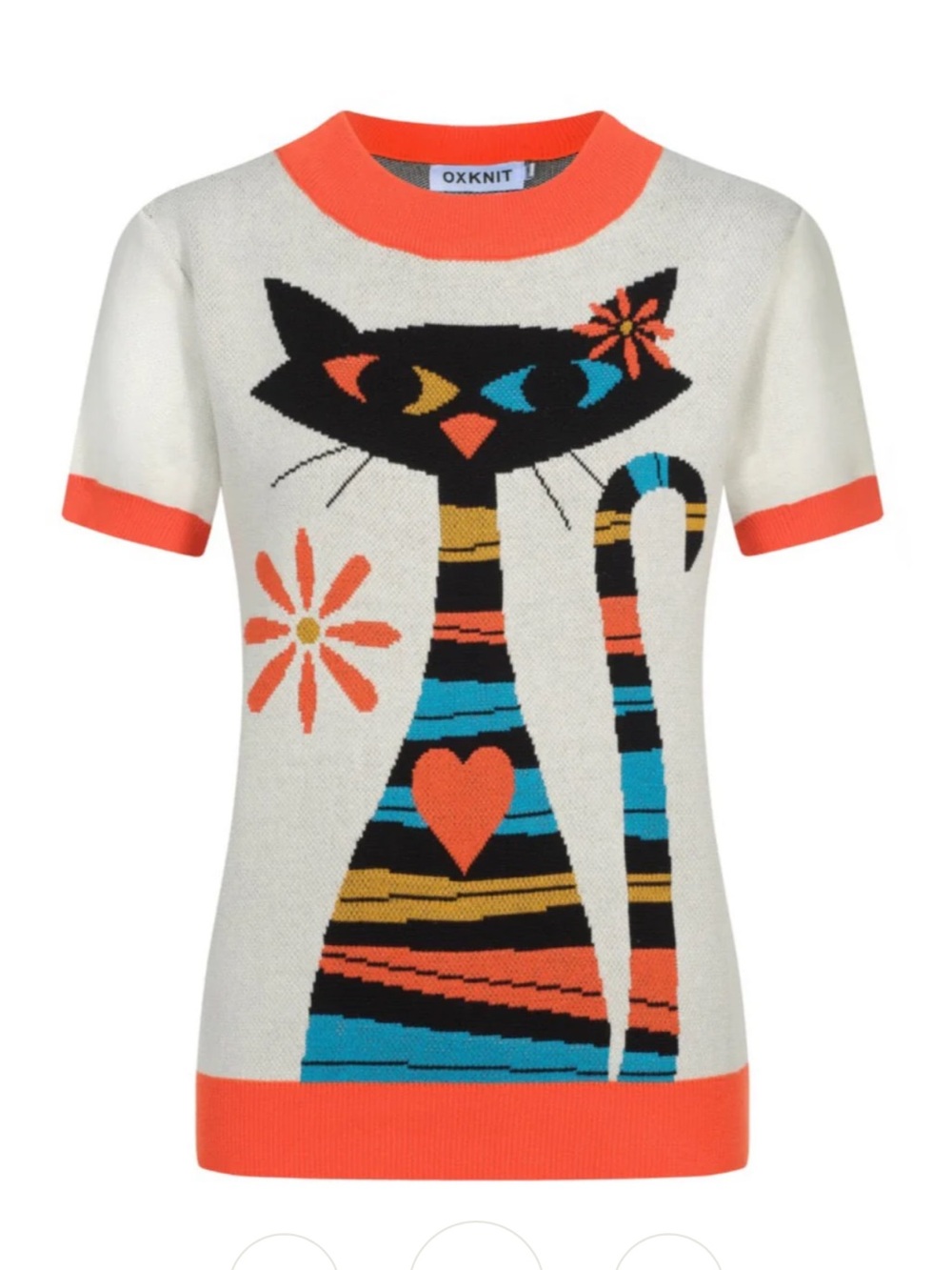 OXknit White & Orange Cat Graphic Knit Top